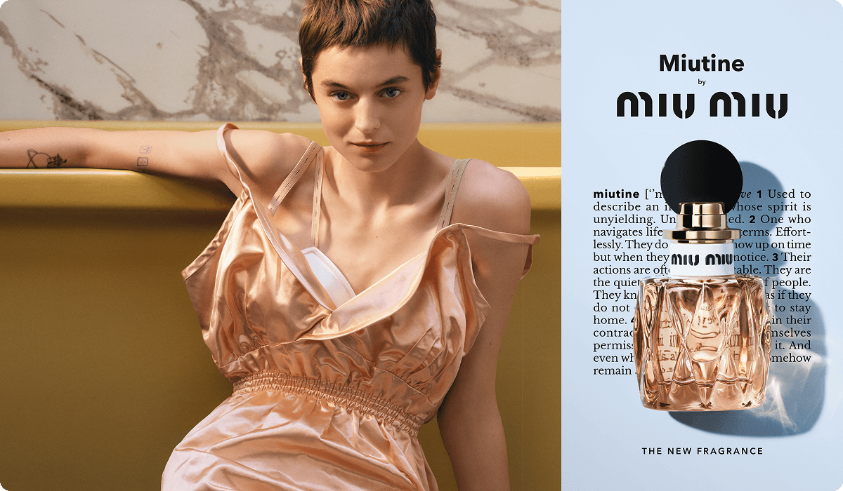 2025 miu miu luxe brand women sitting in peach slip dress and new fragnance bottle