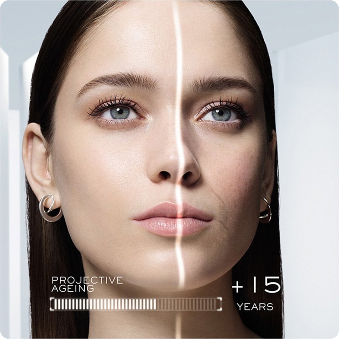 2025 Science technology Beauty Tech Woman with Blue eyes white Background with Skin Diagnosis